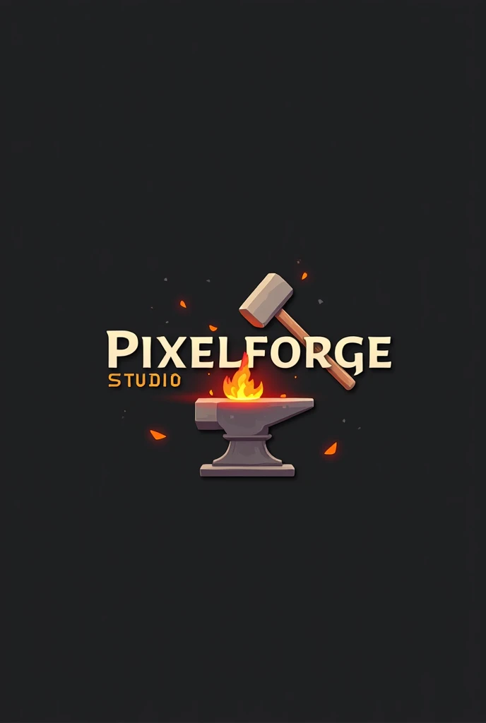 A logo with the text "PixelForge Studio". The hammer is striking a red-hot piece of metal on an anvil. The background is a dark grey colour.