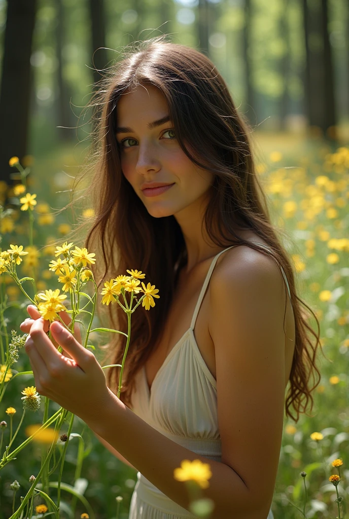 Dans une foret littorale de chêne vert, sur sol sableux. Une jeune et belle femme, entièrement nus, récolte des pissenlits