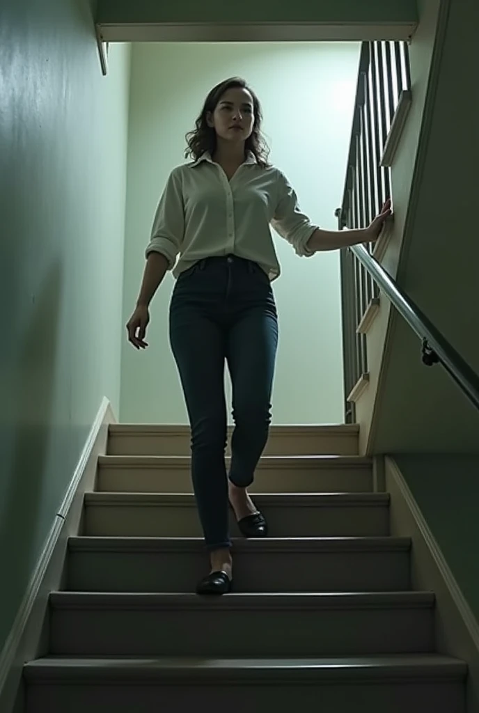A woman climbs the stairs to the 3rd floor