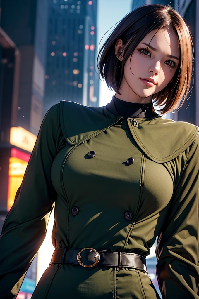 (at night), in a video game scene in the background, a beautiful city at night, raining, alone, standing looking straight ahead, military clothing with military green skirt and pants, black gloves, semi-short hair, ((semi-short hair)), 1 girl, 30 years old, young woman, perfect hands, Beautiful fingers, Beautiful long legs, Beautiful body, Beautiful nose, Beautiful character design, perfect face, looking straight at the viewer with a serious gesture, very upset looking at the viewer, she has a black whip in her hand (focusing on her face), closed mouth, smile_light, official art, extremely detailed CG unity 8k wallpaper, perfect lighting, bright and colorful front lighting, skin glossy (masterpiece: 1.0), (best_quality: 1.0), ultra high resolution, 4k, ultra detailed photography, 8K, hdr, high resolution, nonsense:1.2, Kodak portrait 400, film grain, blurred background, bokeh:1.2 , Lens flare, (vibrant_color:1.2), professional photography, (Beautiful, breasts: 1.4), (Beautiful_face: 1.5), (narrow waist),
