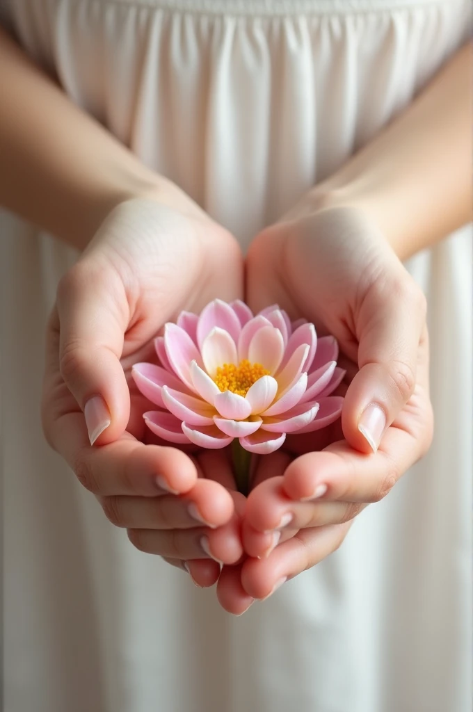 Two hands holding flower together