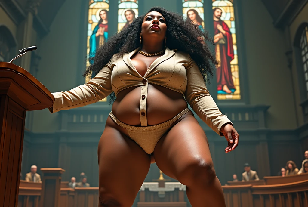 luxury business skirt suit,A body that looks like its clothes will burst with porn muscles,amazing beautiful super muscular fat body builder female porn model,A confident and poised Black porn female politician with a commanding presence and a fuller body type, full body tall and plus size curvey body 5'9 265 lbs This mage should exude power,delivering a powerful speech inside a traditional gospel church. She stands at a wooden podium, dressed in an elegant black suit with a gold chain necklace. The church is warmly lit with stained glass windows depicting religious scenes. A choir, also in traditional gospel attire, is positioned behind her, singing passionately. The church is filled with an attentive congregation, and the atmosphere is vibrant and inspiring, combining historical architecture with a spiritual ambiance.