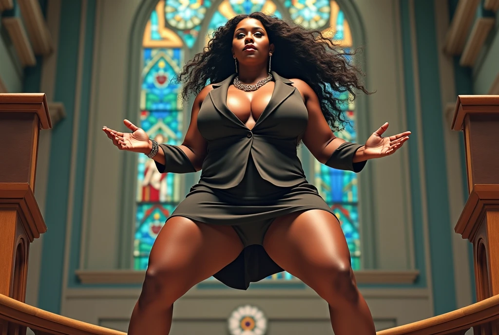 luxury business skirt suit,A body that looks like its clothes will burst with porn muscles,amazing beautiful super muscular fat body builder female porn model,A confident and poised Black porn female politician with a commanding presence and a fuller body type, full body tall and plus size curvey body 5'9 265 lbs This mage should exude power,delivering a powerful speech inside a traditional gospel church. She stands at a wooden podium, dressed in an elegant black suit with a gold chain necklace. The church is warmly lit with stained glass windows depicting religious scenes. A choir, also in traditional gospel attire, is positioned behind her, singing passionately. The church is filled with an attentive congregation, and the atmosphere is vibrant and inspiring, combining historical architecture with a spiritual ambiance.