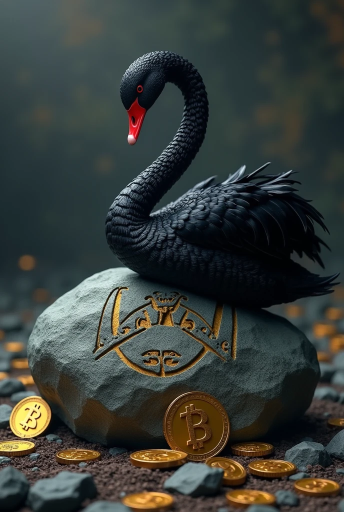 Black swan sitting on a big rock engraved with TRX, and DOGE coins as a nest, poisoned bananas , TRON