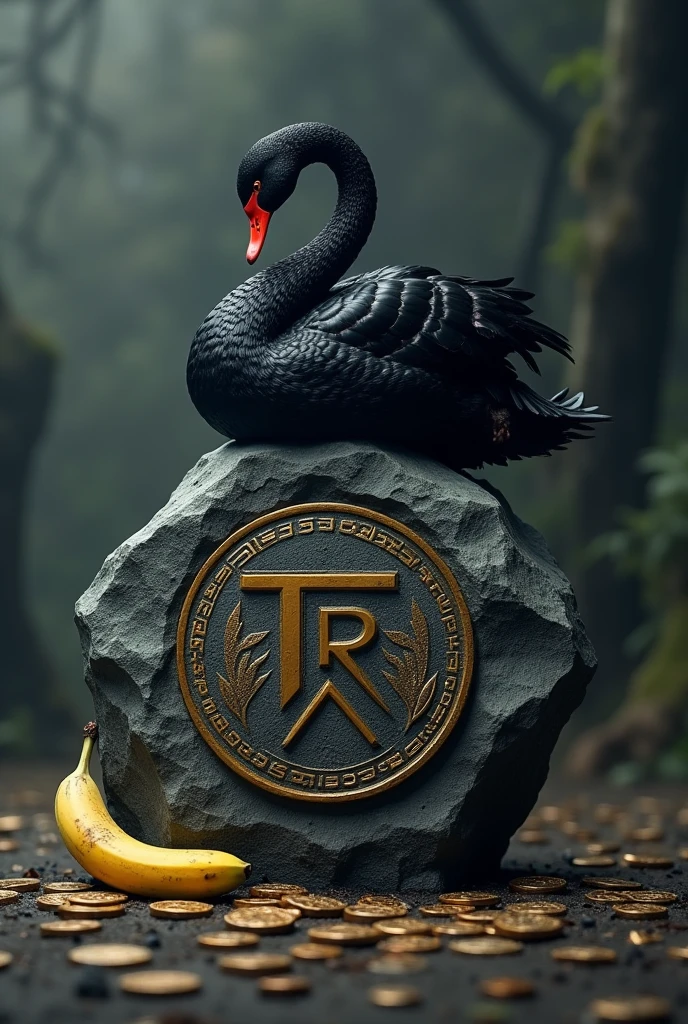 Black swan sitting on a big rock engraved with TRX, and DOGE coins as a nest, poisoned bananas , TRON