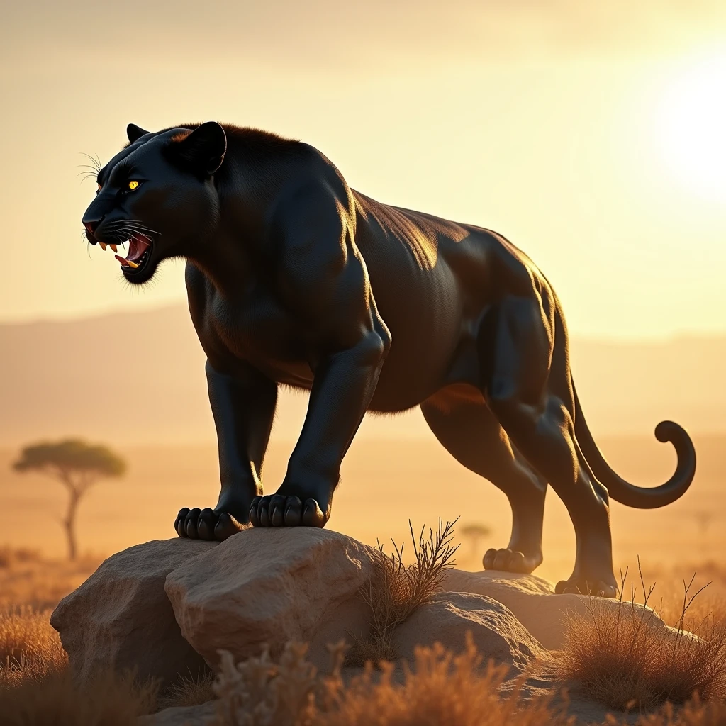 Powerful animal black panther stands triumphantly on a dusty African savanna, with mouth open
