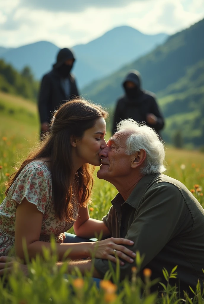 A beautiful lying down with her father and kissing the forehead of her father, in the mean while some robbers come and they kidnaped that . In a very scenic view, lush green fields, mountains and robbers must be terrifying.