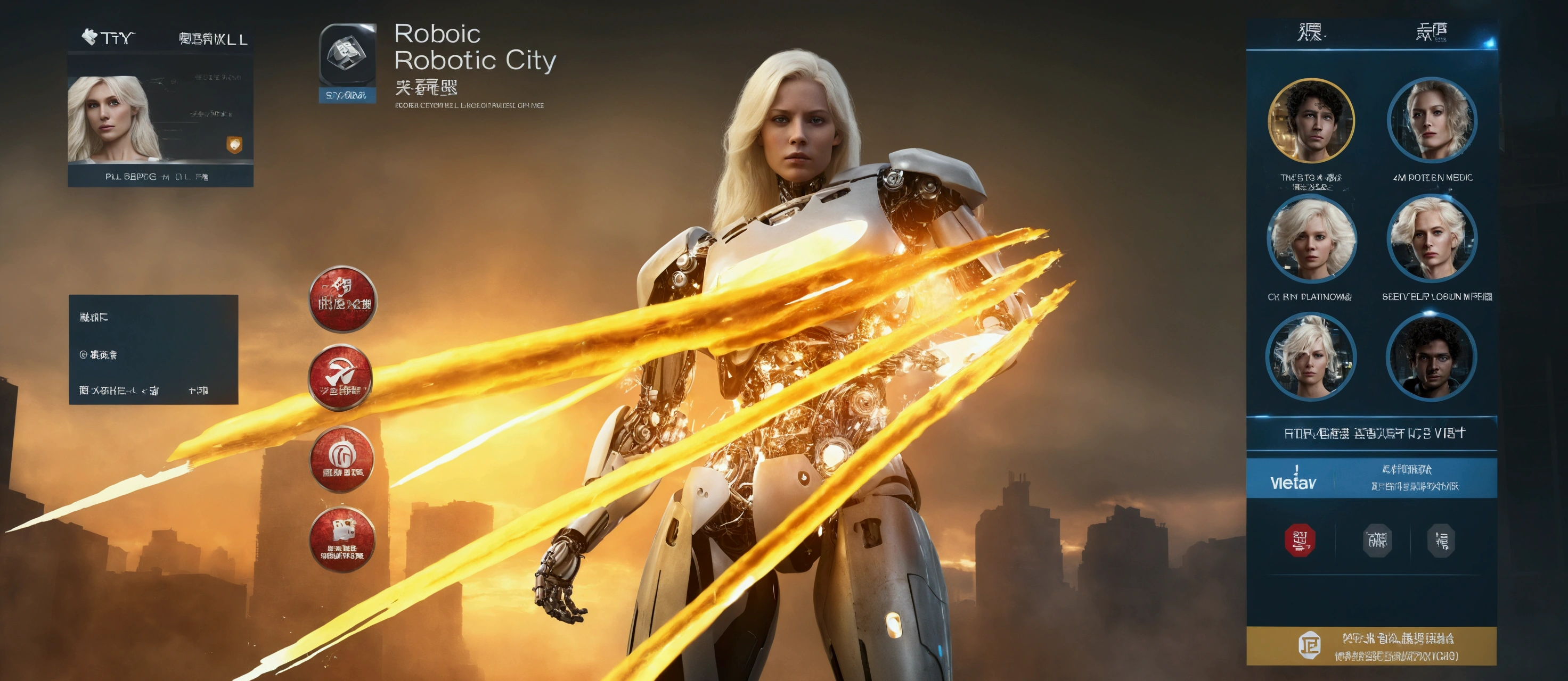 Platinum blonde woman robotic destroyed city Super realistic well detailed