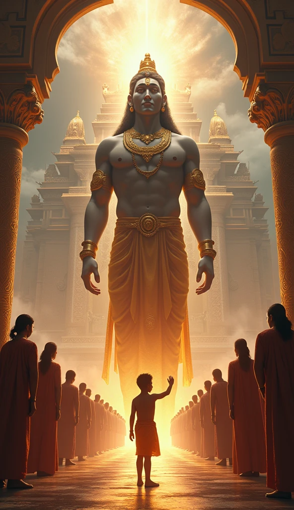 Vamana Avatar: A serene image of Lord Vishnu as Vamana, a dwarf Brahmin with a glowing complexion, standing in front of King Bali in a grand court. Vamana is depicted with one hand raised in a blessing, while King Bali looks astonished as Vamana grows into a giant, measuring the universe with his steps. The scene is filled with royal courtiers and a backdrop of a majestic palace.