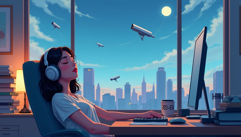Portrait、512、Lo-Fi、Girl sitting on a chair wearing headphones、Take a nap at your desk、close your eyes、city view outside the window、evening、pastel colour、Painting、deep sea surveillance、Fantastic sky、