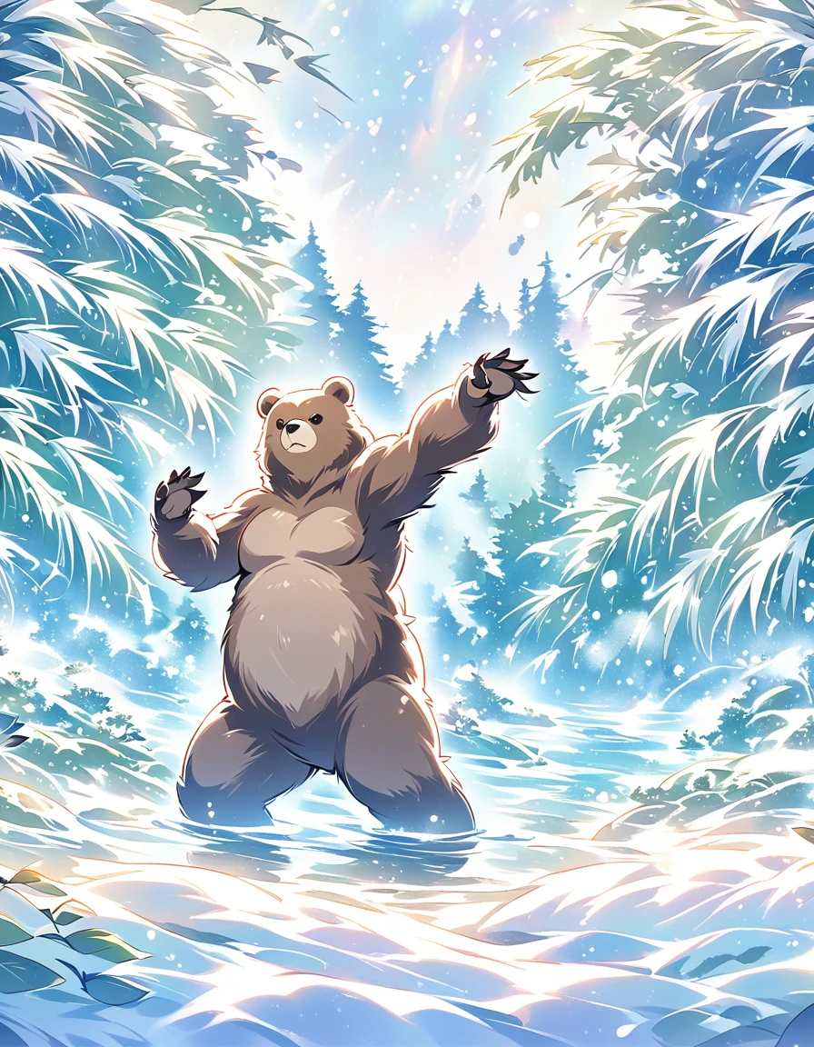 A brown bear stands on the bank of a forest river，Striking a threatening pose,Snow Fairy Tale