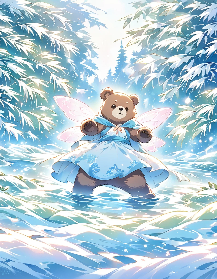 A brown bear stands on the bank of a forest river，Striking a threatening pose,Snow Fairy Tale