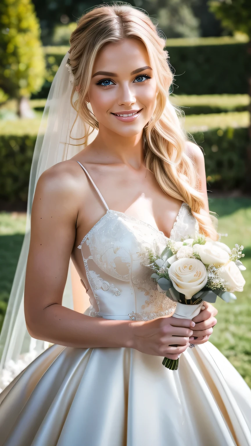 Realistic full body photo of a smiling blonde woman with long hair, ponytail hairstyle, She dances in front of the camera in a long A-line wedding dress with straps made of shiny satin., Park,glamour fotoshooting, Wedding celebration, perfect anatomy, perfect blue eyes. Perfect hands with 5 fingers on each hand, Matching girl, look into the camera, 1 Frau. (Eye make up:1.1), (highly detailed skin:1.1), spirit, analog style, keen focus, 8K UHD, dslr, good quality, Fujifilm XT3, Grain, Award-winning, masterpiece. Wedding celebration