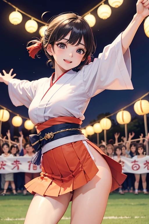 (Japan Bon Odori,最高masterpiece,Highest quality), Hot August,Bright vibrant anime art,People of all ages and genders dance and dance, Let's dance in yukata,Laughing and dancing, Showing white teeth,Men and women dance in a circle, masterpiece,Highest quality,High resolution,