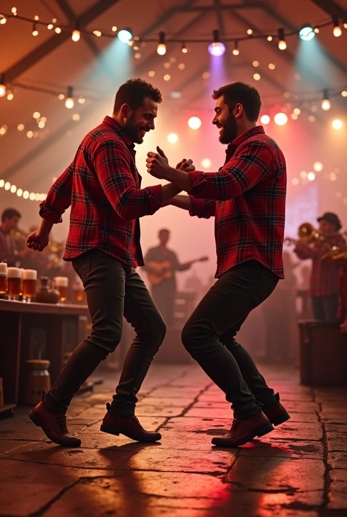 Two men dancing on a beer table, the men wear dark red checked lumberjack shirts and traditional leather trousers and Haferl shoes decorated with embroidery, it is a scene in a beer tent, In the background there is a stage on which a brass band is playing, There are large beer mugs on the table, Colorful neon tubes and colorful fairy lights illuminate with a warm and colorful light