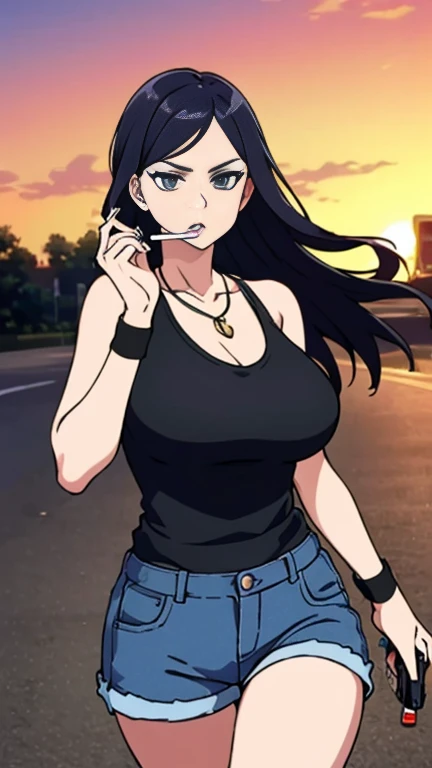 Highest quality,high resolution,２d,(Cel animation style),One woman,30 year old Asian female,(Straight long black hair),((Black tank top)),((Denim shorts)),((1 with a pistol in each hand.3)),(Skull Necklace),Black sneakers,(Beautiful face with slits 1.3)，Black wristband on left wrist,Beautiful Style,Glamorous Body,(Large Breasts),(((Holding a cigarette)))，Sunset city background