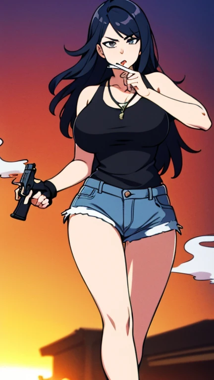 Highest quality,high resolution,2d,(Cel animation style),One woman,30 year old Asian female,(Straight long black hair),((Black tank top)),((Denim shorts)),((1 with a pistol in each hand.3)),(Skull Necklace),Black sneakers,(Beautiful face with slits 1.3),Black wristband on left wrist,Beautiful Style,Glamorous Body,(Large Breasts),(((Holding a cigarette))),Sunset city background