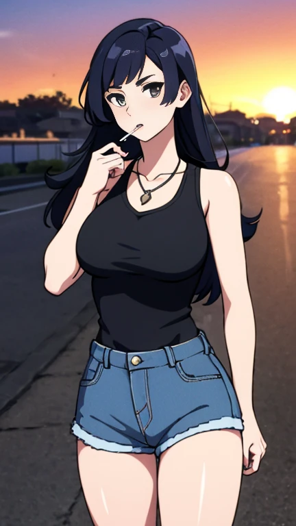 Highest quality,high resolution,２d,(Cel animation style),One woman,30 year old Asian female,(Straight long black hair),((Black tank top)),((Denim shorts)),((1 with a pistol in each hand.3)),(Skull Necklace),Black sneakers,(Beautiful face with slits 1.3)，Black wristband on left wrist,Beautiful Style,Glamorous Body,(Large Breasts),(((Holding a cigarette)))，Sunset city background