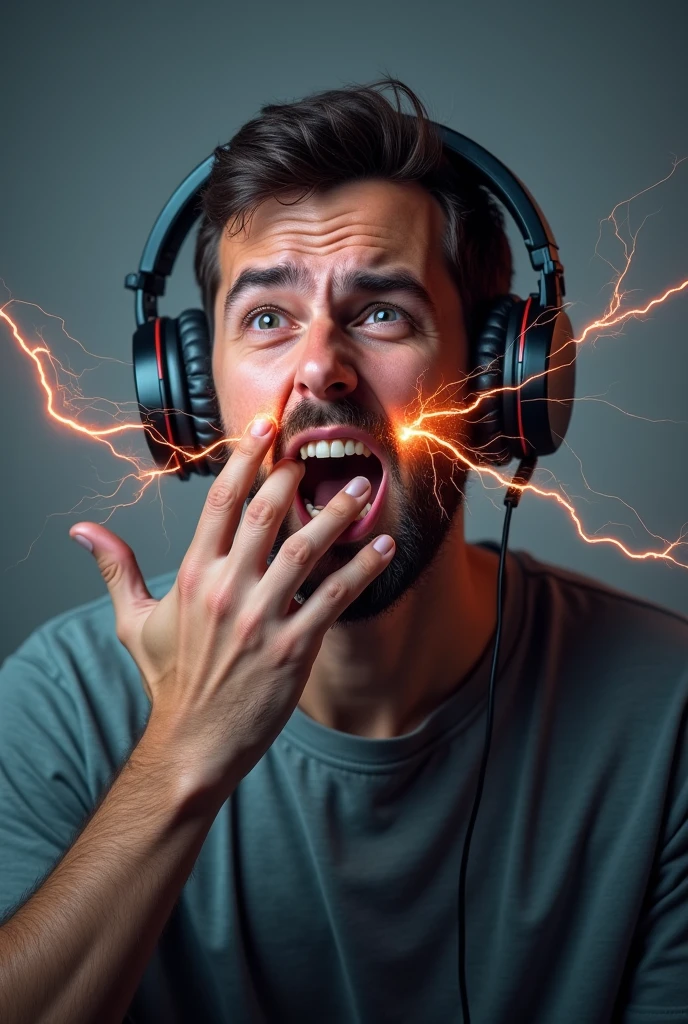 A man with gaming headphone he got shocked his hand on his face and create full size image of the man