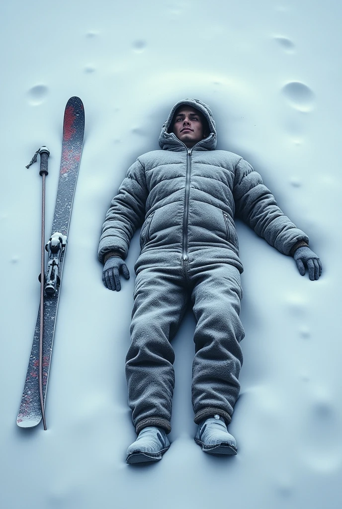 30 years young Indian man laying in the snow with skis and poles, extreme cold, exploitable image, homicide in the snow, snow on the body, covered in snow, his total face is covered with snow