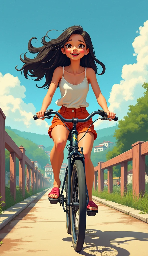 cartoon of woman riding a bicycle on a bridge,  happy, cartoon art, amazing artwork