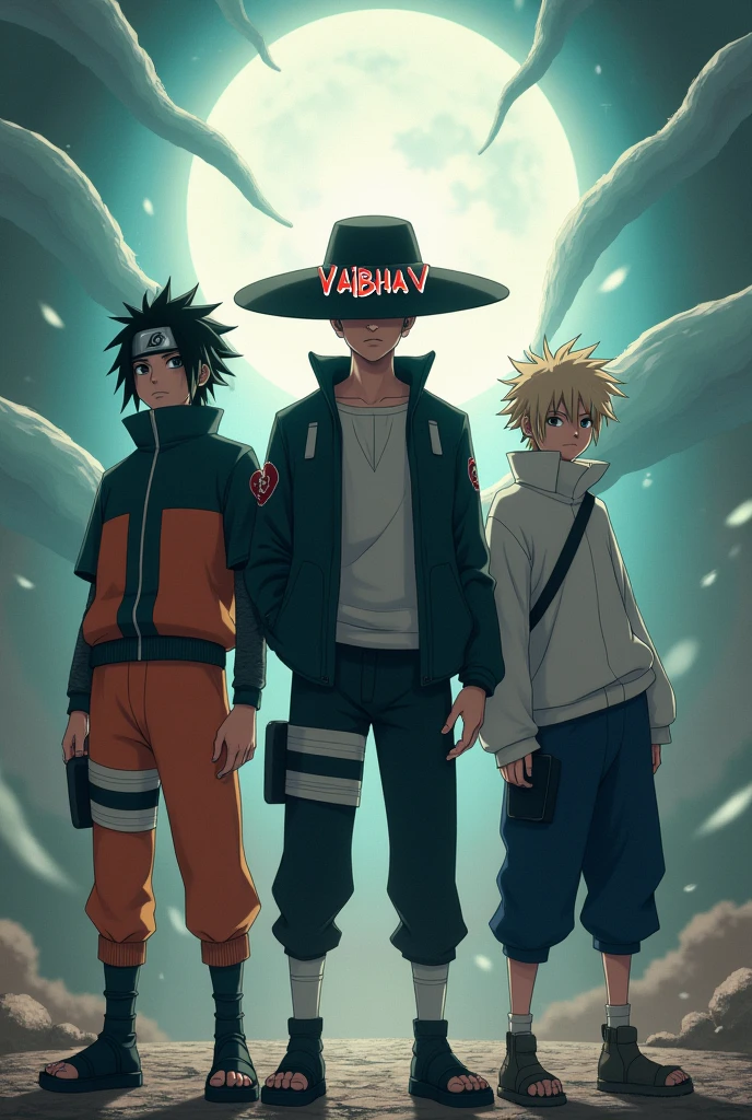 A man with the hat. Vaibhav is written in the hat and this man is standing with Kakashi ,Naruto,light Yagami gami,