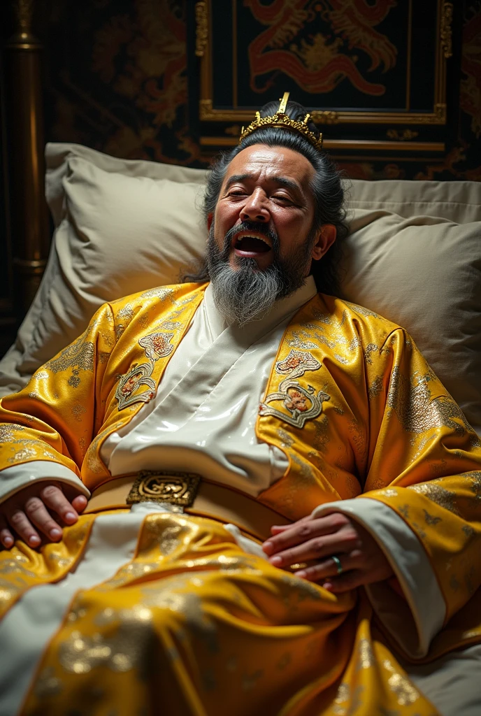 creating an image of a emperor, lying in bed, with his golden dragon robe, super painfully covering his lower body because is wet by white fluid. His eyes were wide open, his mouth wide open with difficulty breathing. Chinese style