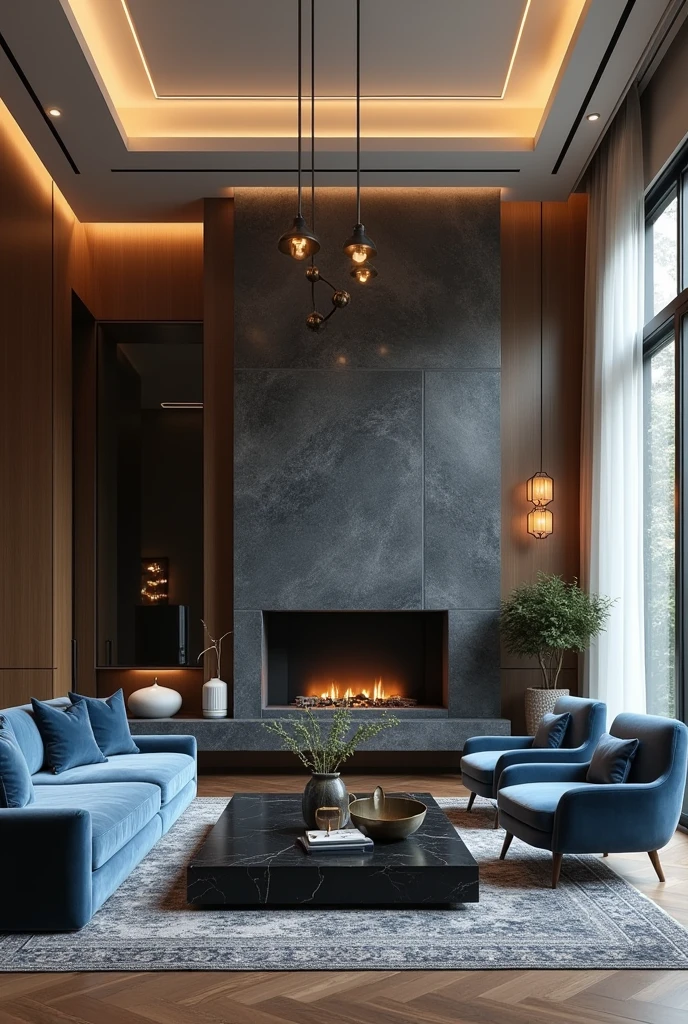 Professional 3d architecture rendering design of modern living room with so dark beige and so dark vintage blue floranca velvet sofa set and medium flouting dark gray marble fireplace and brown laminate and elegant and modern accessories and modern windows and black slab stone middle table and elegant ceiling lighting and elegant accessories and elegant dark gray Persian carpet