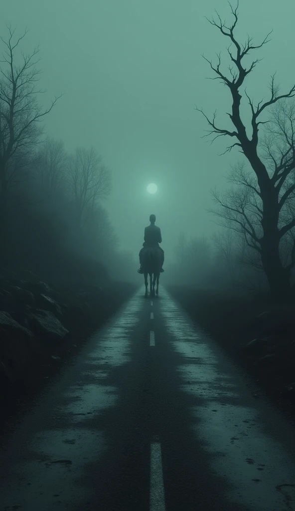A lonely, dark stretch of road with the faint outline of a ghostly figure on horseback in the distance