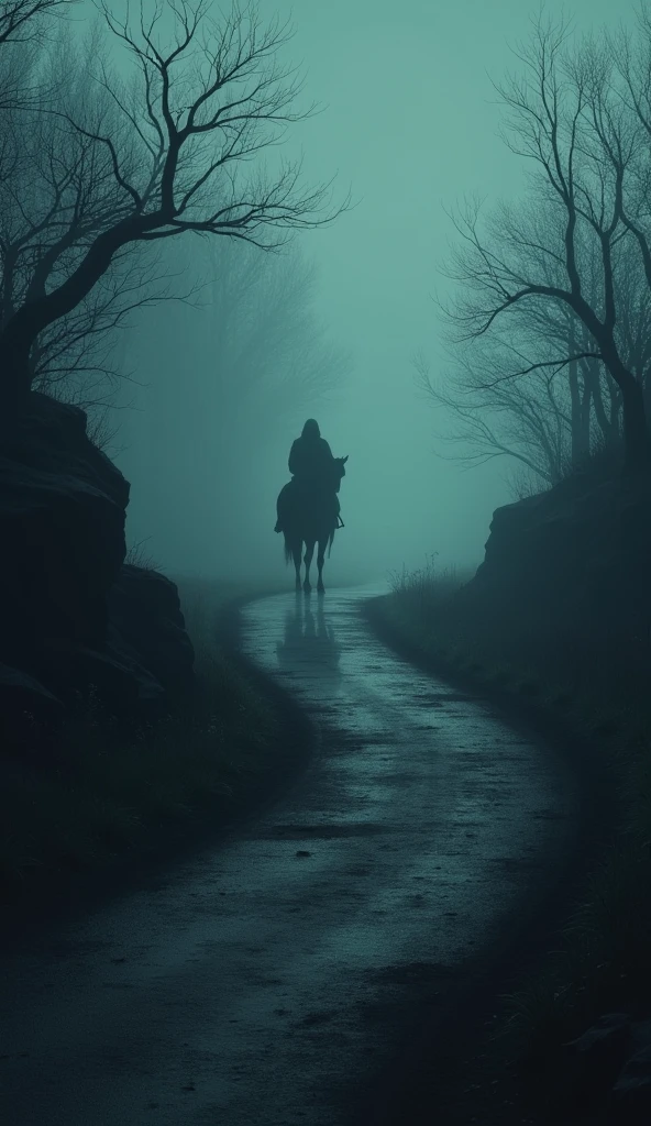 A lonely, dark stretch of road with the faint outline of a ghostly figure on horseback in the distance