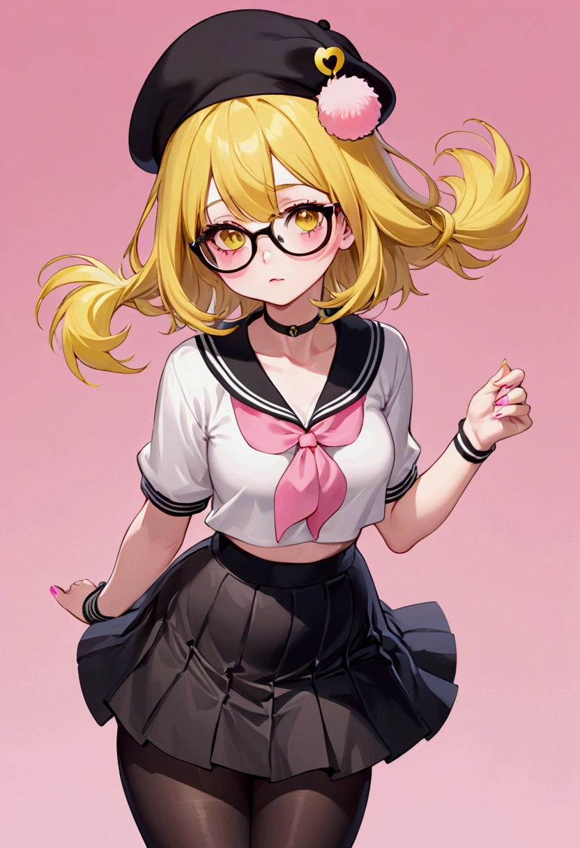 that she has a chest disease, is extremely daring, has yellow hair, a black beret with pompoms, black glasses, pink eyes, and is extremely blushed, a pink censorship chart, a short black skirt, black stockings, white sneakers, and is a shy girl.