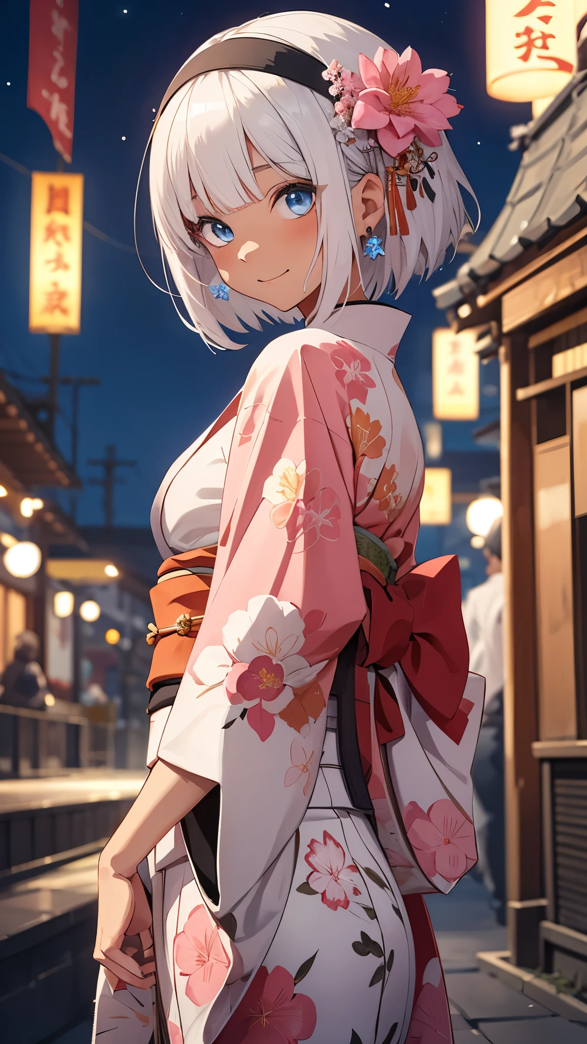 Highest quality、masterpiece、a girl、独奏, Beautiful silver hair、((((Very short hair))))、Blue eyes、(hair band)、((Blunt bangs)), ((Medium Chest)), 24-years-old, (tsurime), Tight waist, slender、Small Ass、Anime Style、Natural smile、Very cute face、 sexy pose, bewitching pose, Cute pose、night、Fireworks display、大きくてカラフルな花火がnight空に上がる、A large number of people、Japan Shrine Festival、((A colorful pink kimono))、Long flower hair ornament、Shallow depth of field, cowboy shot,