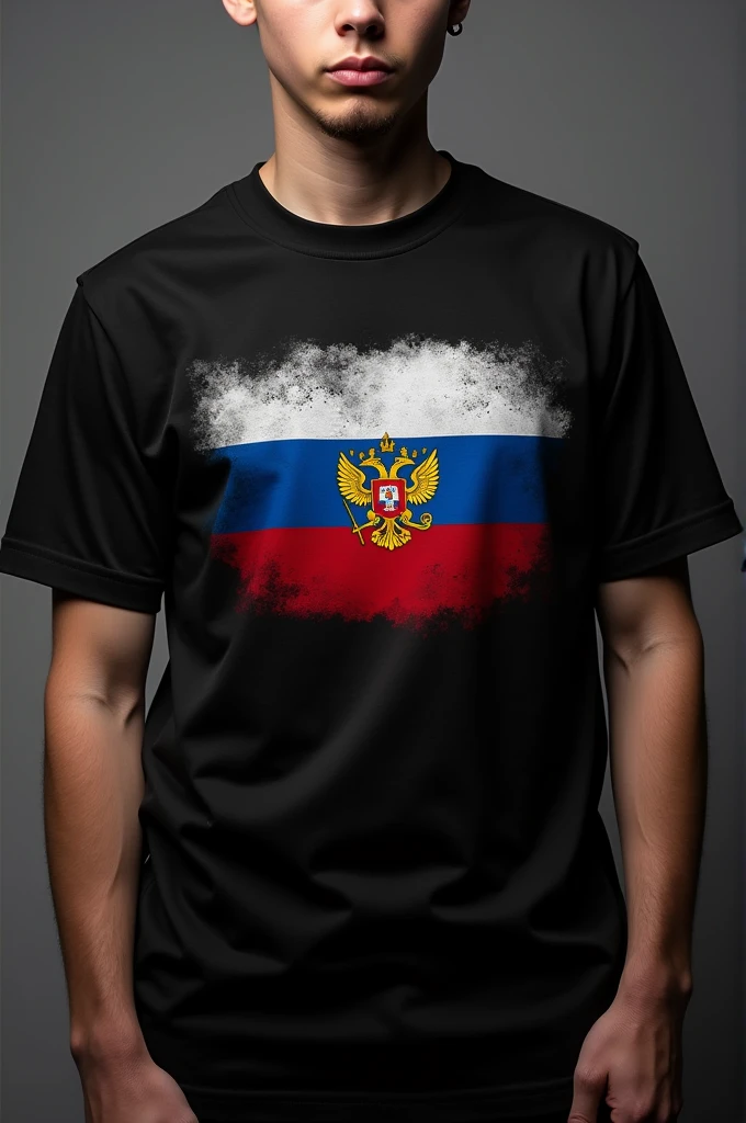 Make me a 1 boy black shirt with the flag of Russia and its colors with shield on the chest 