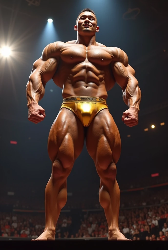 ((best quality)), ((masterpiece)), (detailed), perfect face
a muscular Asian  bodybuilder with a full hairy chest upstanding and posing on the competition stage wearing golden underwear with a big bulge
