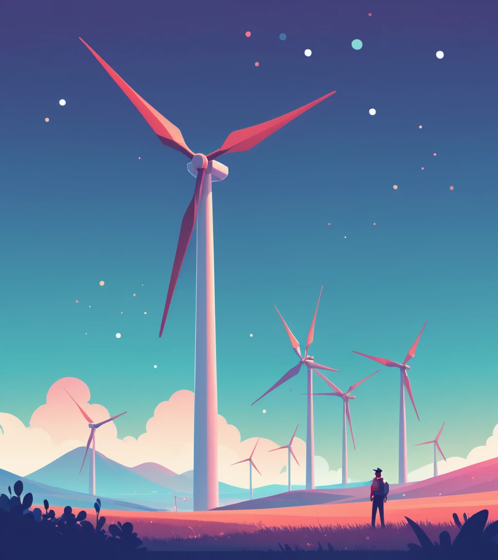 concept art in the style of James Gilleard, illustration of an illustration, Scaly, at Wind farm, Bokeh, by Zhichao Cai, Romantic, Excessivism, inspired by Atey Ghailan, james gilleard artwork . digital artwork, illustrative, painterly, matte painting, highly detailed