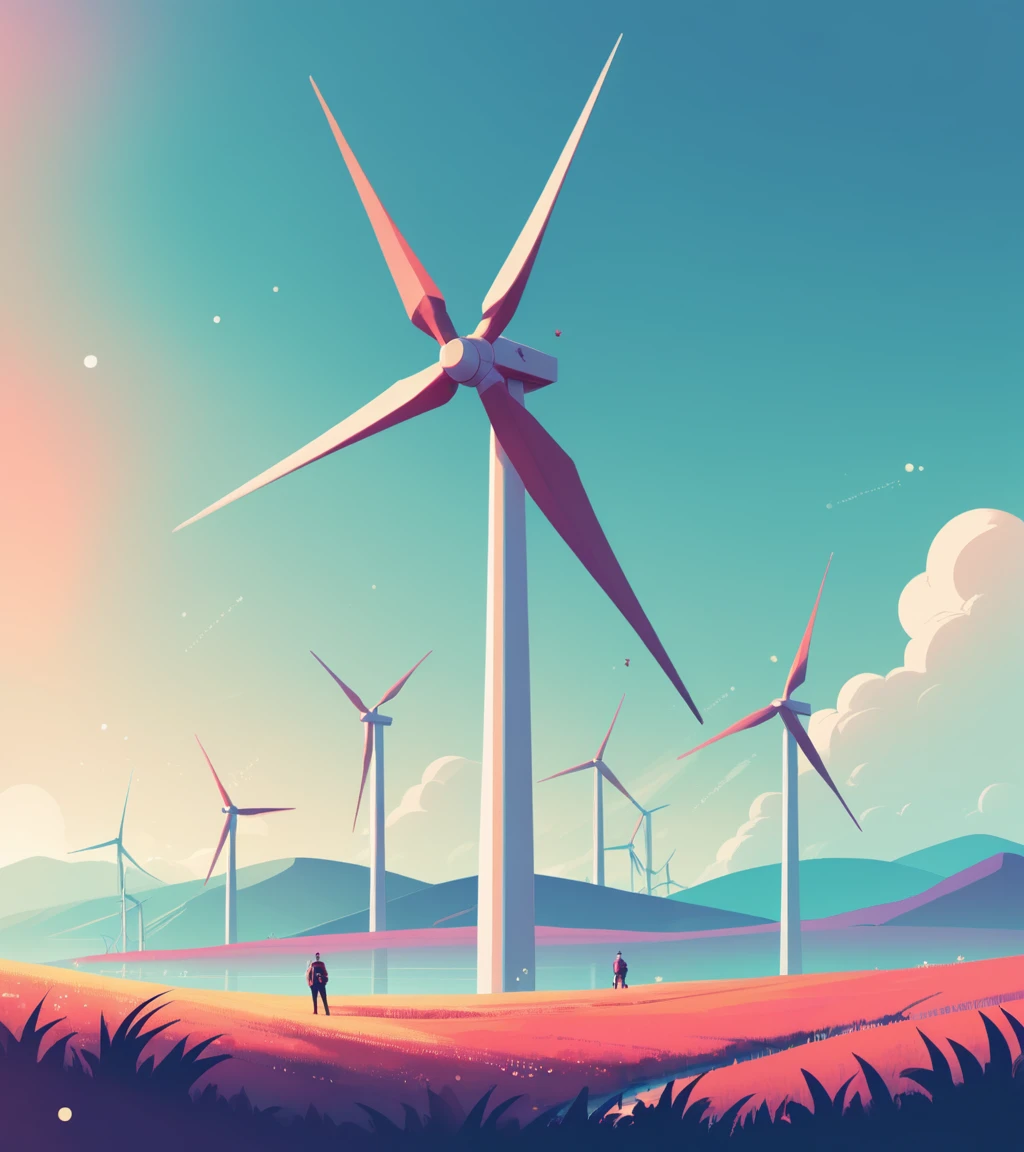 concept art in the style of James Gilleard, illustration of an illustration, Scaly, at Wind farm, Bokeh, by Zhichao Cai, Romantic, Excessivism, inspired by Atey Ghailan, james gilleard artwork . digital artwork, illustrative, painterly, matte painting, highly detailed