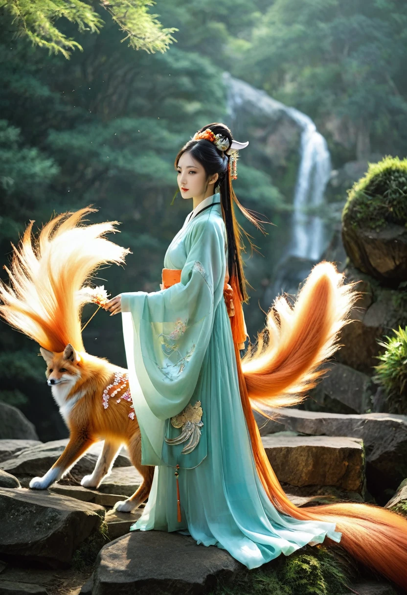 Best quality,chinese girls,hanfu,
Break, Featuring the majestic fox spirit with nine tails. This scene is set in an ancient world, where gods and mythical creatures roam the earth. 
Break, The fox spirit is depicted in a moment of divine intervention, standing on a mountain peak under the celestial sky, surrounded by other mythical beings who gaze upon it with reverence. Its nine tails, each glowing with ethereal light, weave through the air, symbolizing its power and connection to the spiritual realm.
Break,  Ancient temples and lush, mystic forests fill the background, creating a setting that is both awe-inspiring and sacred. ais-blmn