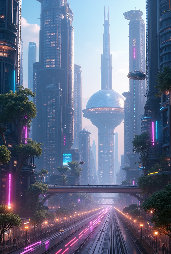 A sprawling futuristic cityscape under a clear, twilight sky. The skyline is dominated by sleek, towering skyscrapers with reflective glass surfaces, some featuring greenery on their terraces and vertical gardens. Floating vehicles zip through the air, navigating around elevated highways and bridges that interconnect the towering structures. Below, the streets are bustling with a mix of modern and futuristic elements—glowing neon signs, holographic billboards, and pedestrians in sleek, high-tech attire. The city is alive with lights, casting vibrant hues of blue, purple, and white. In the distance, a large, domed structure with a shimmering surface stands as a centerpiece, possibly a hub of advanced technology or a central government building.
This visual will capture a sense of innovation, advanced technology, and a clean, environmentally integrated future. The overall atmosphere is vibrant, energetic, and full of life.
!