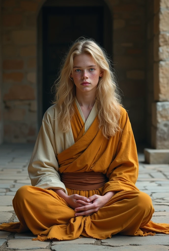 Create a hyperrealistic image of a young man with Caucasian features, freckles on his face and long blond hair wearing a Tibetan monk&#39;s outfit sitting meditating on a stone floor. 