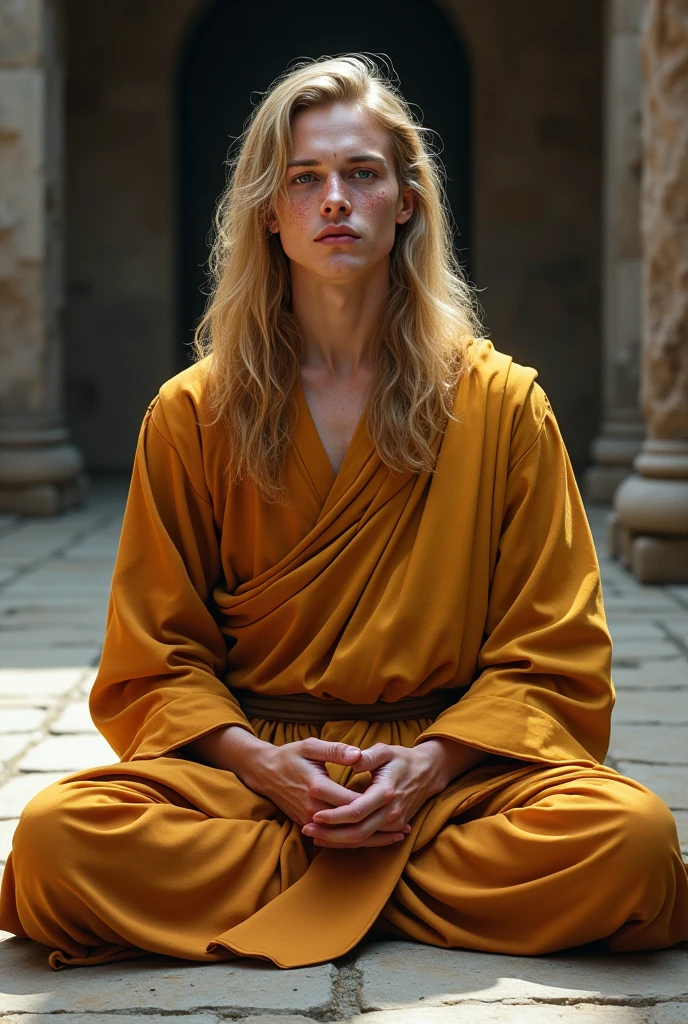 Create a hyperrealistic image of a young man with Caucasian features, freckles on his face and long blond hair wearing a Tibetan monk&#39;s outfit sitting meditating on a stone floor. 