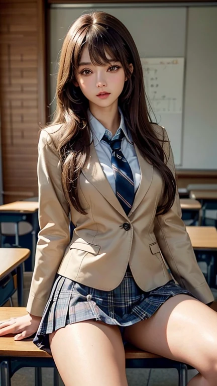 Product quality,1 person,Low Angle,(My pants are a little visible.),Young and cute Japan,Daytime, ((High school classroom:1.2)),Schoolgirl uniform,blazer,tie,Plaid,Blue Micro Mini Skirt,Very cute face,Glossy Lips,Beautiful big eyes,Brown eyes,Double eyelids on both eyes,(Natural Makeup),shiny smooth light brown long hair,,,,Asymmetrical bangs,Center image,8k resolution,Attention to detail,Detailed hairstyle,Detailed face,Cinema Lighting,Octane Rendering,Ultra-realistic,Perfect limbs,Beautiful feet,Slim thighs,((Bust A cup)),Perfect Anatomy,Bold sexy pose,Burning idol pose
