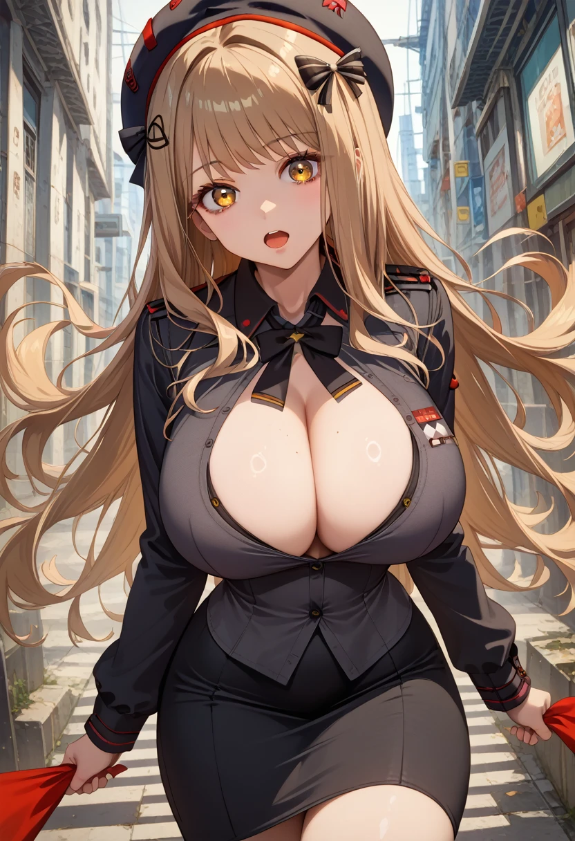 emma (nikke), 1girl, highres, long hair, looking at viewer, brown hair, absurdres, large breasts, beret, yellow eyes, cleavage, long sleeves, open mouth, huge breasts, black shirt, black skirt, collared shirt,score_9, score_8_up,score_7_up, masterpiece, best quality, perfect anatomy, very aesthetic, 8k