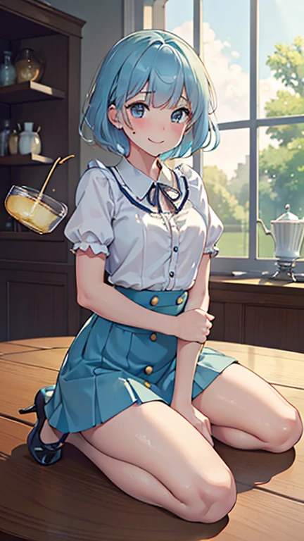 (from the front), Fisheye Lens, Beautiful , Curvy, Flat Chest, Small breasts，Underbust, (Kneeling on the round table), (On the table:1.5), (Leg spread), (Hot lemonade between my legs:1.3),Steam rising from hot lemonade， (Classic puffy short sleeve ruffled blouse), (Light blue mini skirt), (Button-down shirt), (Neck ribbon)+ Thighs, High heels, (View your viewers:1.5), (Embarrassing:1.3), (Smile), (vapor:1.3), (Girl trembling with sexual climax:1.3), Mid-length hair, Light blue hair,Bobcut, Wavy Hair, Glowing Skin, (coffee shop), window, morning, (crowd:1.3), (masterpiece, Highest quality, High resolution:1.3), Perfect Anatomy