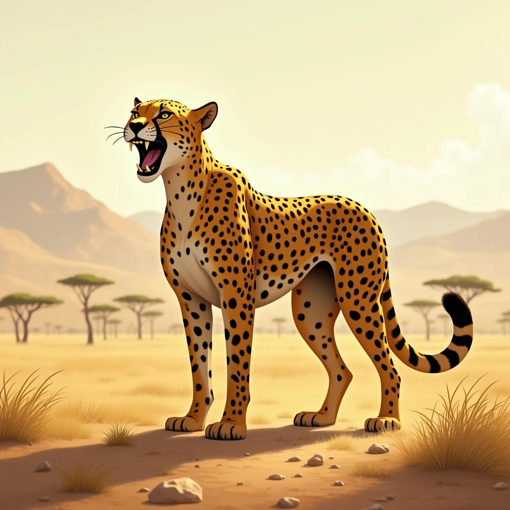 Powerful cheetah stands triumphantly on a dusty African savanna, with mouth open