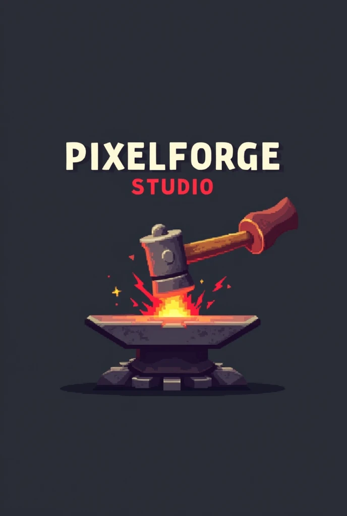 A logo with the text "PixelForge Studio". The hammer is striking a red-hot piece of metal on an anvil. The background is a dark grey colour. 8bit pixelated art