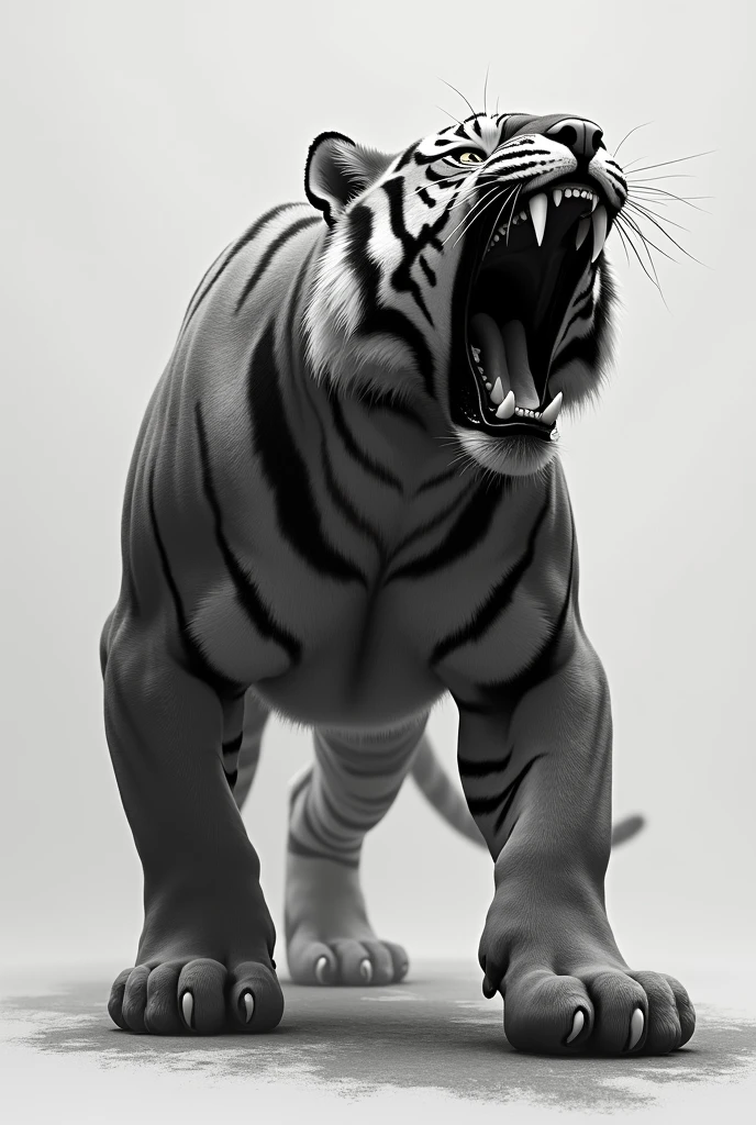 Please create an image of a black and white saber-toothed tiger facing forward and roaring