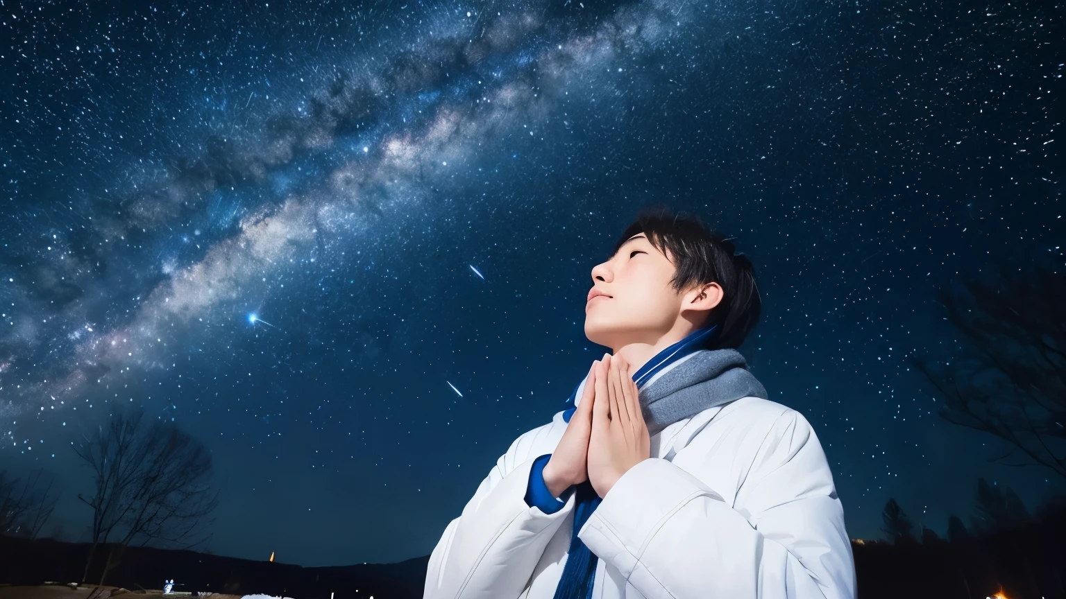 Starry sky with Orion、Looking up at the starry sky, I put my hands together and prayed、A Japanese girl、White coat with blue scarf、Zoom of man standing and praying with hands together、