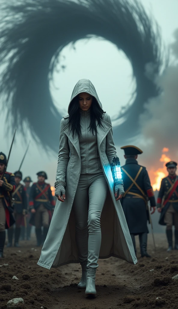 "A dramatic time-travel scene featuring Eclipse, the enigmatic time-traveling phantom, as she emerges from a swirling black hole in the fabric of time and steps onto a battlefield alongside Napoleon Bonaparte. Eclipse, with her jet-black hair partially hidden under her hood, stands amidst the chaos of war, her light gray leather suit contrasting sharply with the historical military uniforms surrounding her. Napoleon, dressed in his iconic bicorne hat and military coat, stands nearby, his eyes focused on the unfolding battle. The futuristic device on Eclipse’s arm glows with an ethereal light, casting a faint glow on the muddy ground beneath her feet. Soldiers shout orders, cannons fire in the distance, and the air is thick with the smell of gunpowder. The swirling black hole begins to close behind her, leaving Eclipse in the thick of the action, her presence unnoticed by the soldiers but somehow sensed by the great commander himself. The scene is charged with tension, as history and the unknown collide in this moment of time."





