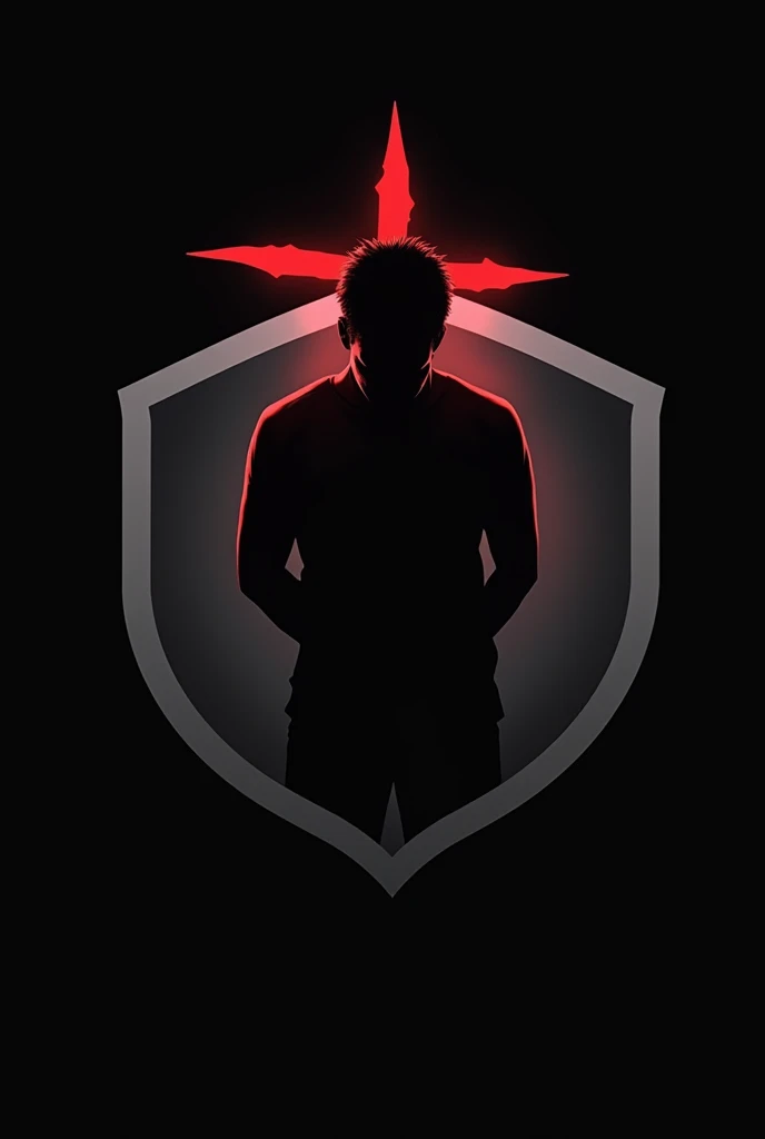Tim esports, The logo is in the form of a shield or circle to symbolize defense., but not a hero. Inside, there is a silhouette of a man who is seen bowing his head, with hands behind, like he&#39;s stalking or trying to interfere. Above this man&#39;s silhouette, there is a cross or slash symbol to indicate rejection of the behavior.The base color can be black or dark gray., with a sharp red accent for the cross or slash marks. It symbolizes firmness and refusal.. If you like, You can add a faint shadow in the background to give a mysterious impression., in accordance with the nature of &#39;heroes&#39; who like to intervene.