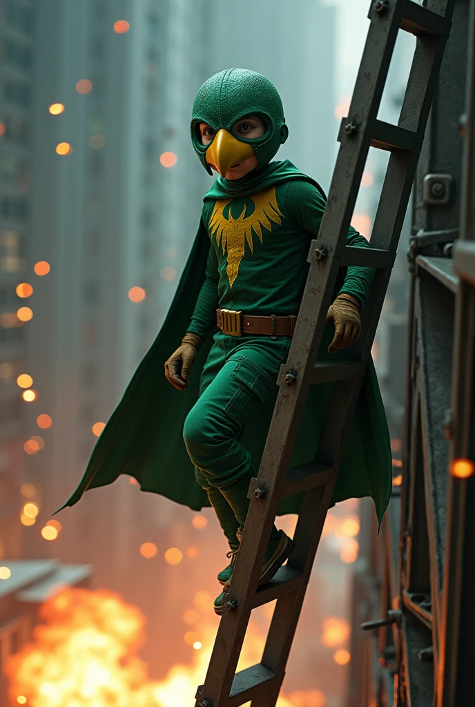 Malaysia man. Tiongman 20 year old., a boy . Teenage short body. wear helmet like bird green. Yellow torn bird.. wear jum suit. Domino green bird mask. Green shirts.wear Green cargo short pant . Wear green inner pants. Wear safety. Green cape. Superhero concept nightshoot. On the city bombs effect background. Climbing on the ladder . Wear beige glove. Wear beige boots. Wear bullet proof jacket.